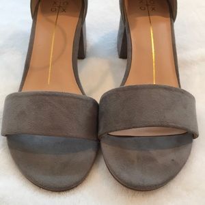Grey block heel ankle strap sandal